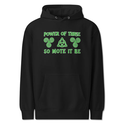 Power of Three Triskelion Triquetra pagan symbol design on a witchy pullover hoodie.