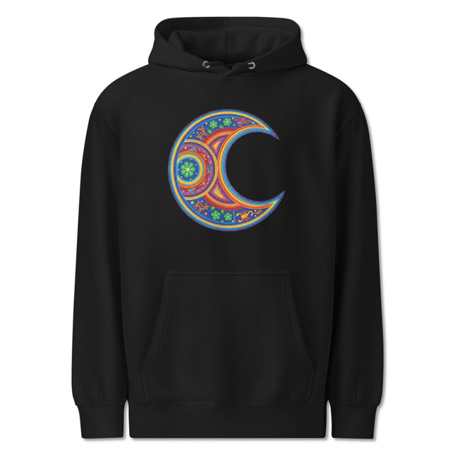 Huichol Moon Hoodie | Colorful Indigenous Art Crescent Pullover Hoodie