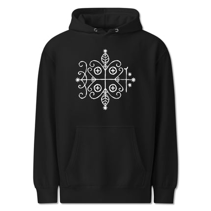 Papa Legba Veve artwork printed on a black hoodie with sacred geometry designs.