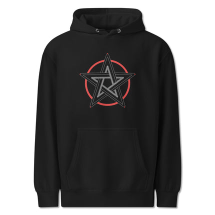 Unisex black pentagram gothic design pullover hoodie featuring occult star graphics.