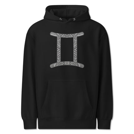 Tribal Gemini zodiac sign graphic hoodie with astrological symbols and patterns.