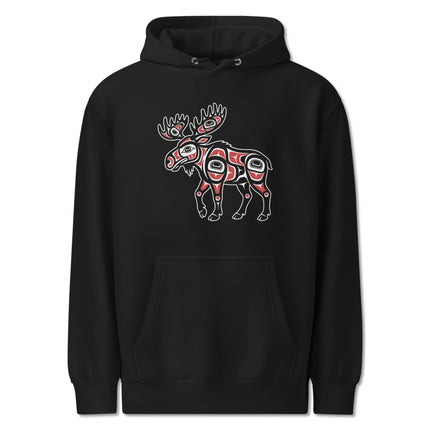 Tribal moose graphic hoodie featuring Northwest Coast indigenous art design pullover fleece.