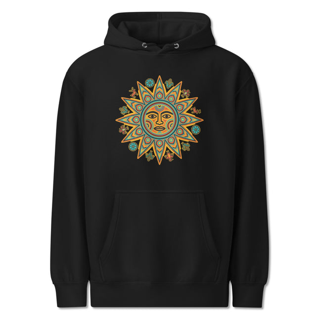 Huichol Sun Hoodie | Colorful Indigenous Mexican Art Graphic Pullover Fleece