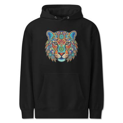 Huichol jaguar print hoodie featuring vibrant Mexican folk art animal design.