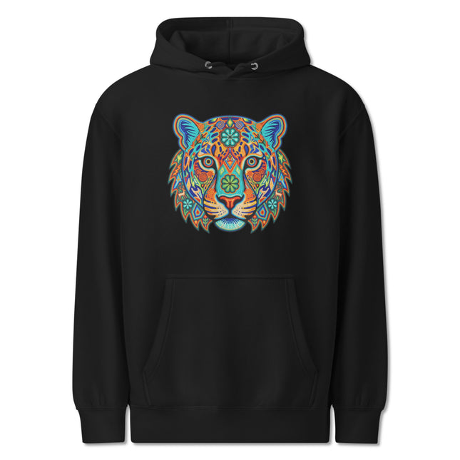 Huichol Jaguar Hoodie | Vibrant Mexican Folk Art Animal Pullover Hoodie