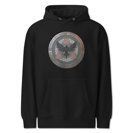 Norse raven shield hoodie featuring Viking mythology and intricate runic symbols design.