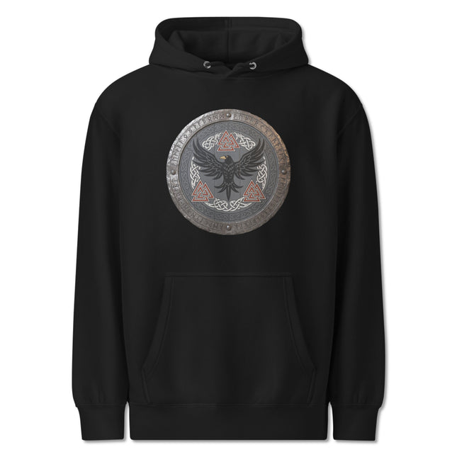 Norse Raven Shield Hoodie - Viking Mythology & Runic Symbols