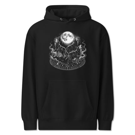 Graphic hoodie featuring howling wolves under a full moon design for canine spirit lovers.