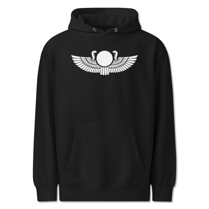 Egyptian winged sun disk graphic on a unisex pullover hoodie sweatshirt.