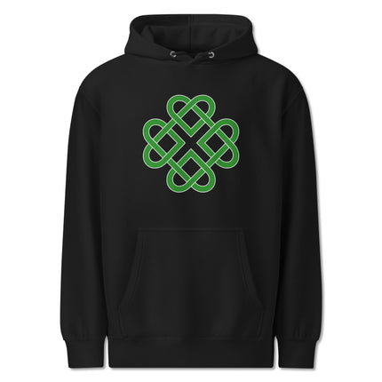 Irish green pullover hoodie featuring a celtic heart knot clover pattern. Unisex fleece apparel.