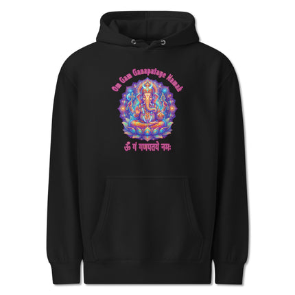 Vibrant Lord Ganesha Om Gam Ganapataye Namah printed pullover hoodie for men and women.
