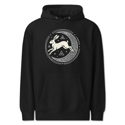 Celtic Hare Moon Hoodie with geometric pagan mandala design print.