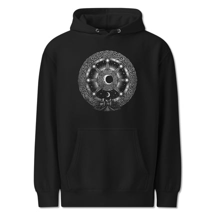 Silver hoodie featuring Arianrhod's wheel, a lunar chart, and intricate Celtic mythology design print.