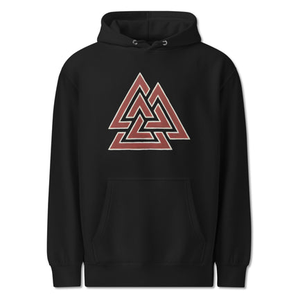 Red Valknut symbol graphic on a Norse mythology pullover hoodie.