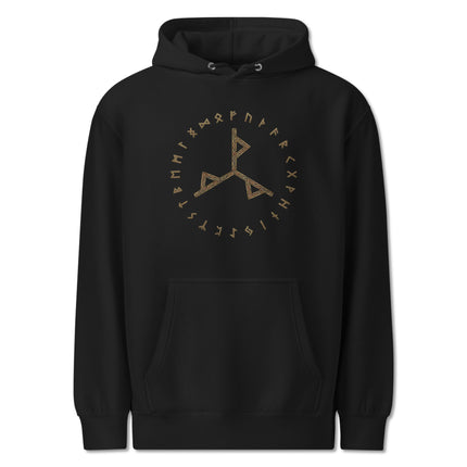 Viking Norse Power Bind Rune Hoodie featuring the Futhark runes circle design.