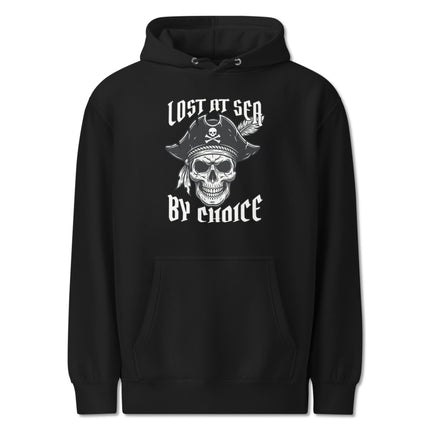 Pirate skull hoodie featuring nautical rebel design and "Lost At Sea By Choice" text print.
