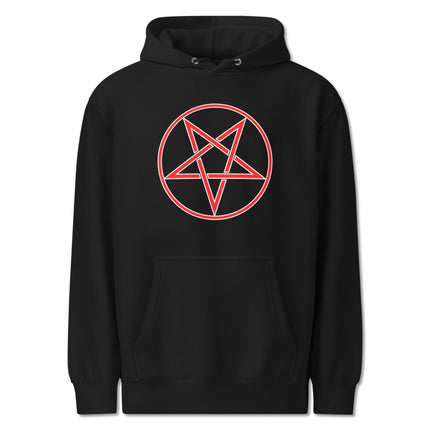 Red pullover hoodie featuring a graphic inverted pentagram and occult witchcraft symbol design.