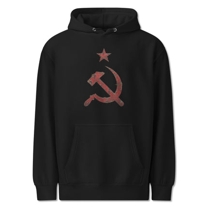 Distressed red hammer and sickle symbol on a communist pullover hoodie.
