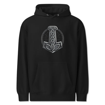 Norse Mjolnir graphic hoodie featuring a Viking hammer print on fleece pullover.