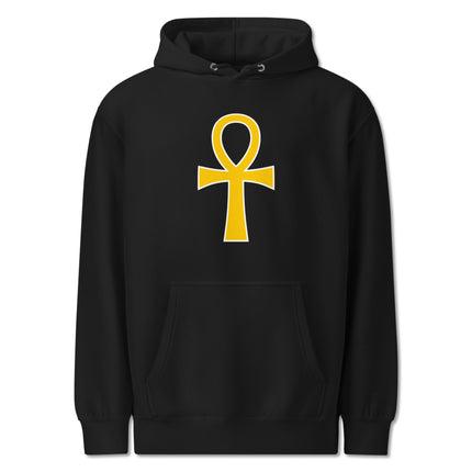 Golden Ankh graphic hoodie featuring ancient Egyptian mythology symbols on a pullover design.