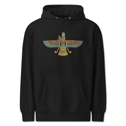 Faravahar Zoroastrian symbol printed on a winged Ahura Mazda pullover hoodie.