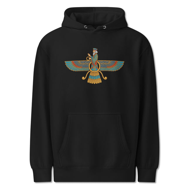 Faravahar Zoroastrian Hoodie, Ancient Persian Symbol Winged Ahura Mazda Pullover