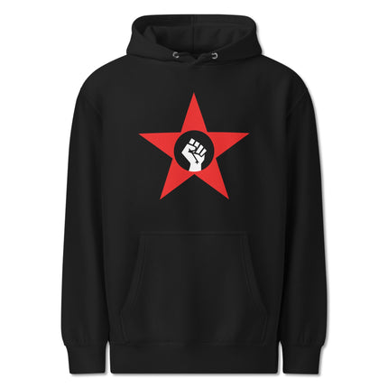 Red star and socialist fist graphic printed on a revolutionary protest pullover hoodie.