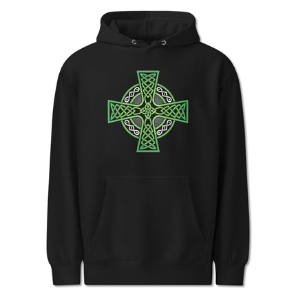 Green hoodie featuring a Celtic cross and intricate knotwork design for Irish pride.