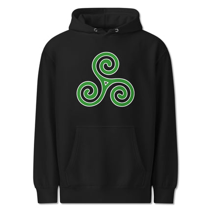 Celtic triskelion triple spiral symbol printed on a unisex fleece pullover hoodie.