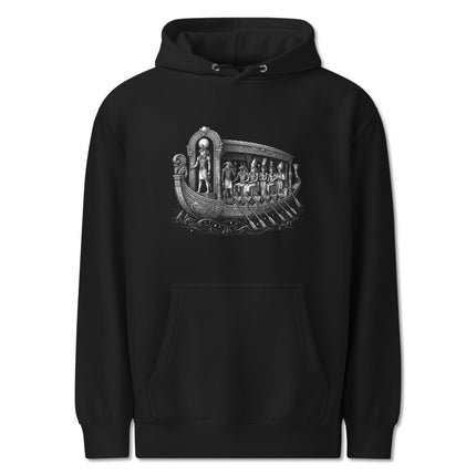 Egyptian Solar Barge Hoodie featuring Ra's Boat and ancient Egyptian mythology design print.
