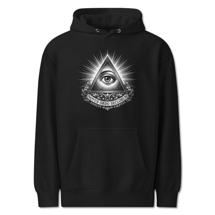 Eye of Providence and pyramid graphic printed on a black Illuminati pullover hoodie.