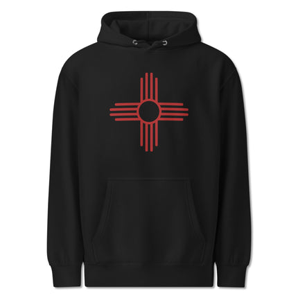 Red Zia Sun Symbol graphic on a unisex pullover fleece hoodie.
