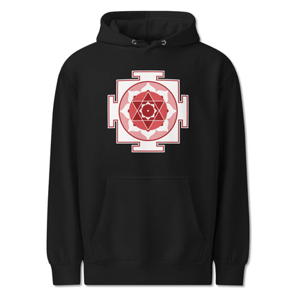 Kamala Yantra sacred geometry symbol printed on a pullover hoodie featuring Hindu goddess art.