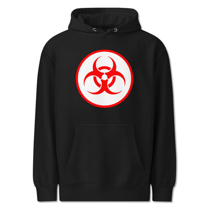 Red Biohazard Symbol Unisex Hoodie | Danger Warning Graphic Pullover Fleece