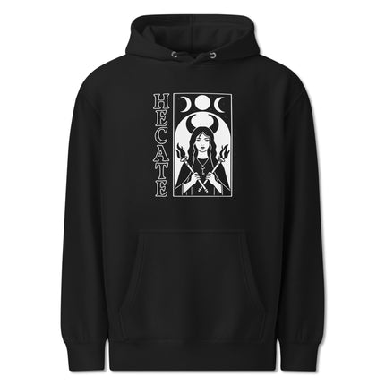 Hecate goddess witchcraft hoodie featuring triple moon pagan magic celestial artwork print.