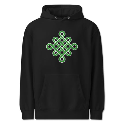 Celtic endless knot graphic printed in green on a unisex pullover hoodie sweatshirt.