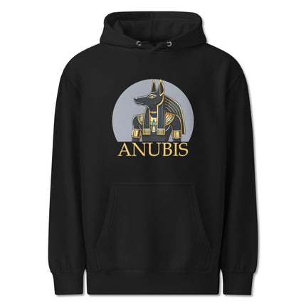Anubis ancient Egyptian god graphic text pullover hoodie design on unisex fleece.