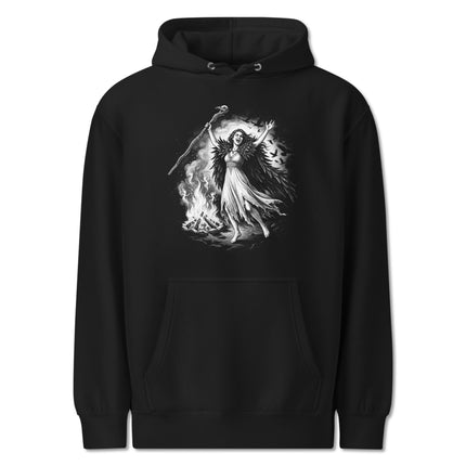 Morrigan Celtic Knot Hoodie featuring raven goddess, lunar mythology, and intricate knot designs.