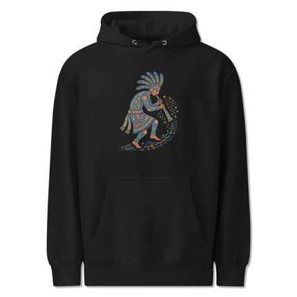 Vibrant Kokopelli flute player art on a pullover hoodie, featuring Native American Southwest style design.