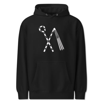 Ancient Egyptian Osiris pharaoh crook and flail graphic printed on a unisex fleece hoodie.