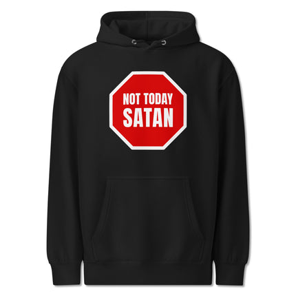 Funny "Not Today Satan" anti-devil stop sign graphic pullover hoodie.