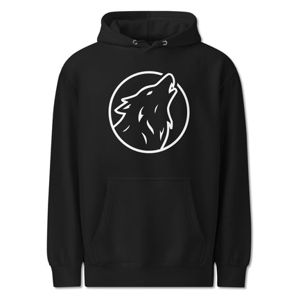 Howling wolf circle graphic on unisex pullover sweatshirt hoodie.