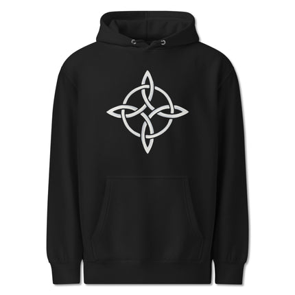 Witch's Knot Celtic magic symbol graphic on a black fleece pullover hoodie.