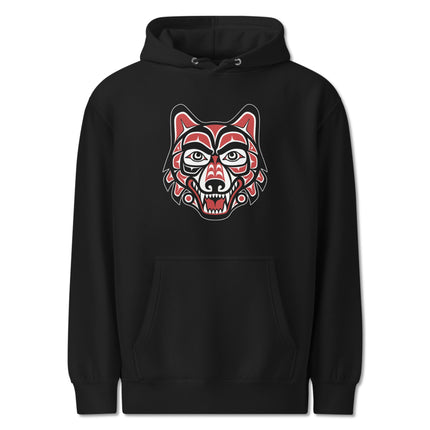 Tribal wolf head art hoodie featuring indigenous Pacific Northwest style design.