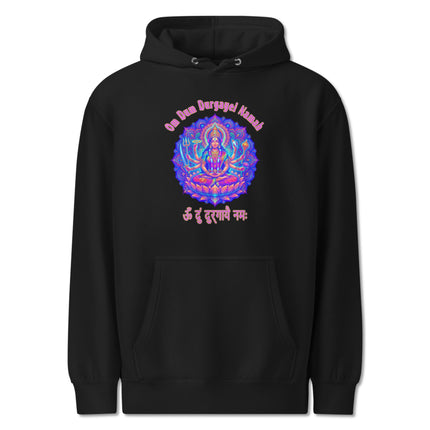 Vibrant Durga Goddess hoodie featuring Om Dum Durgayei Namah Hindu mantra artwork print.