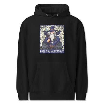 Norse Allfather Odin hoodie featuring wolves, ravens, and ancient runes Viking graphic print.