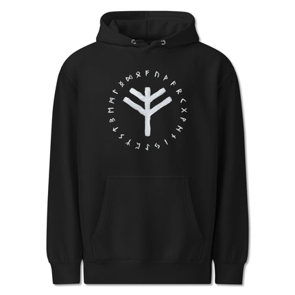 Norse Fehu Wealth Bind Rune Hoodie featuring Elder Futhark symbols print.