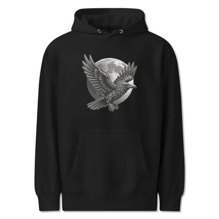 Black gothic hoodie featuring a detailed raven and crescent moon graphic print on a pullover sweatshirt.
