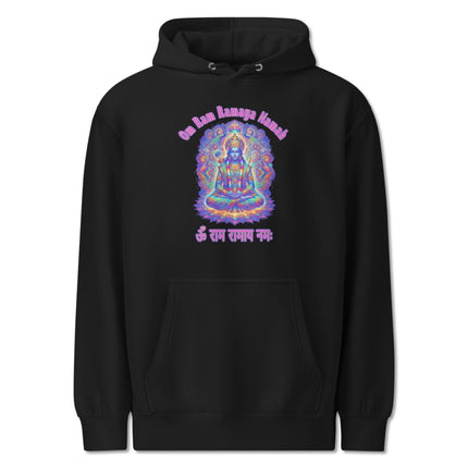 Lord Rama psychedelic hoodie featuring Om Ramaya Namah Hindu mantra graphic print.