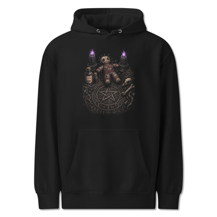 Occult gothic hoodie featuring a dark magic ritual table, doll, and pentagram graphic print.